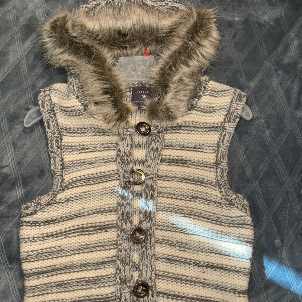 Forever 21 Striped Knit Vest with Faux Fur Trim